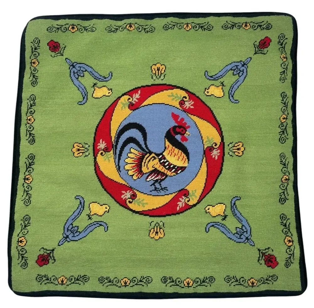 Vtg Rooster Needlepoint Pillow Cover 20 x 20 Green Bright French Country Velvet